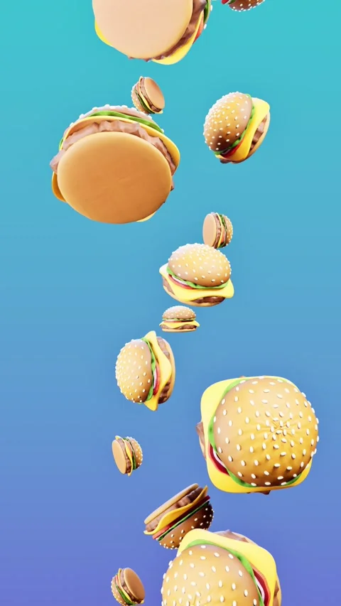 Cheeseburgers flying on blue gradient background. 3d rendering Stock Footage 341319393