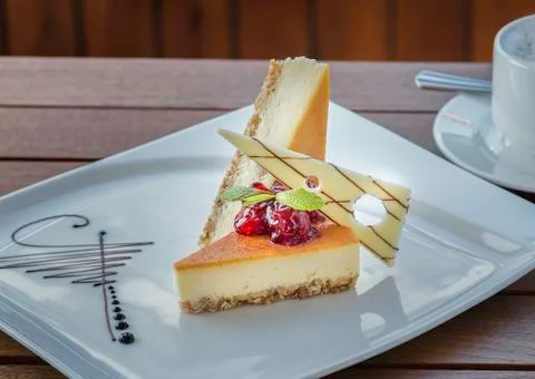 Cheesecake and coffee on a table Stock Photos