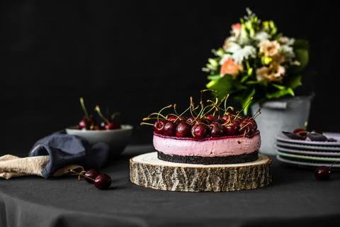 Cheesecake with cherries. Cherry cake on table Stock Photos