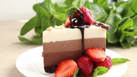 Cheesecake with chocolate sauce. Stock Footage 156798248