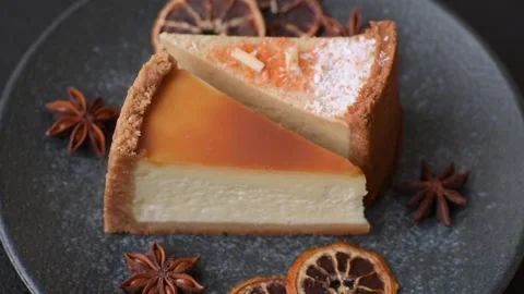 Cheesecake, a slice of sweet pie, a classic cheese dessert. Cheesecake as a food Stock Footage 321416130
