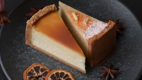 Cheesecake, a slice of sweet pie, a classic cheese dessert. Cheesecake as a food Stock Footage 321416131