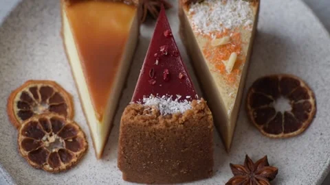 Cheesecake, a slice of sweet pie, a classic cheese dessert. Cheesecake as a food Stock Footage 321416142