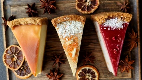 Cheesecake, a slice of sweet pie, a classic cheese dessert. Cheesecake as a food Stock Footage 321416406