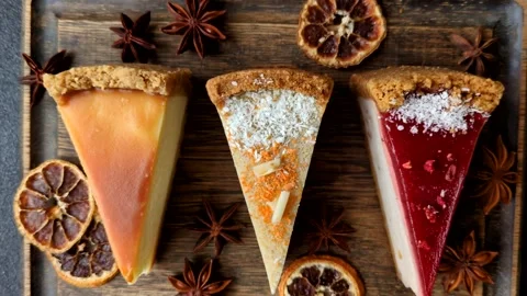 Cheesecake, a slice of sweet pie, a classic cheese dessert. Cheesecake as a food Stock Footage 321416408