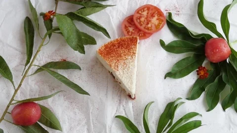 Cheesecake with tomatoes. white pie surrounded by green leaves Video stock 147475477