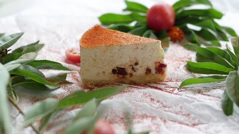 Cheesecake with tomatoes. white pie surrounded by green leaves Stockbeeldmateriaal 147475502