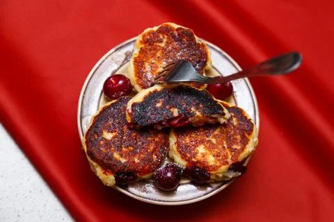 Cheesecakes, cheesecake with cherries. Stock Photos