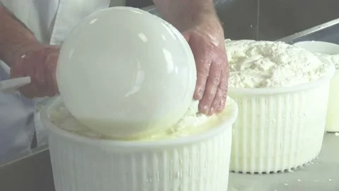 Cheesemaker pours the curdled milk into plastic forms to shape the cheese Stock Footage 197357880