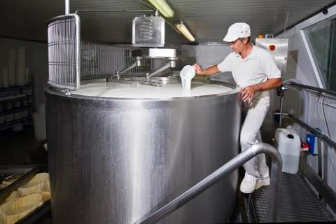 Cheesemaker pours rennet Stock Photos