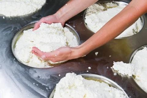 Cheesemaker preparing fresh cheese Stock Photos