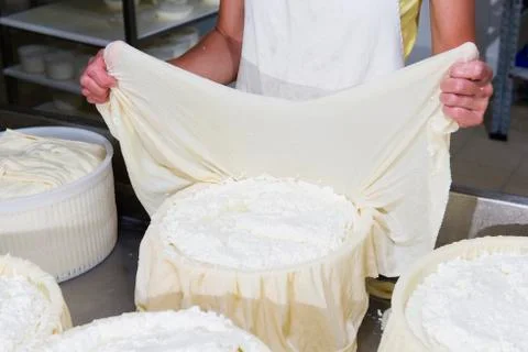 Cheesemaker preparing fresh cheese Stock Photos