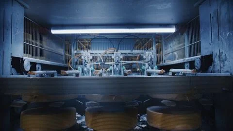 Cheesemaking machinery processing cheese wheels in a modern dairy factory Stock Photos