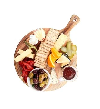 Cheeses selection on rustic wooden serving board on a white background Stock Photos