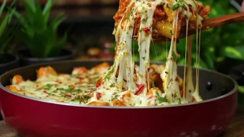 Cheesy Baked Chicken Pulled with Melted Cheese Stretch Closeup Vidéo 333192414