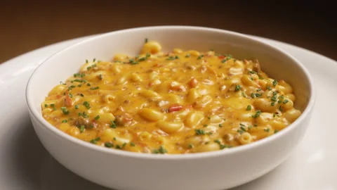 Cheesy macaroni pasta with ground meat and herbs slowly rotating in a white bowl Stock-Footage 339152528