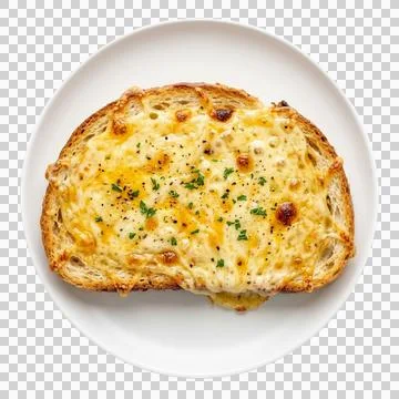 Cheesy toasted bread slice with melted cheese and herbs on white plate. Stockfoto's