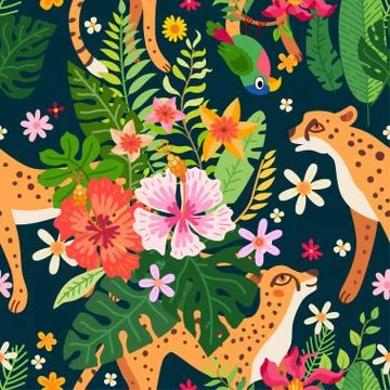 Cheetah and leopards pattern. Exotic summer paradise Stock Illustration