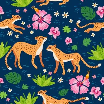 Cheetah and leopards pattern. Exotic summer paradise イラスト素材