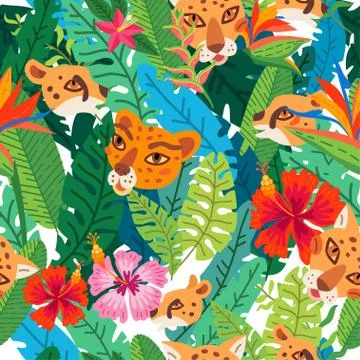 Cheetah and leopards pattern. Exotic summer paradise Stock Illustration