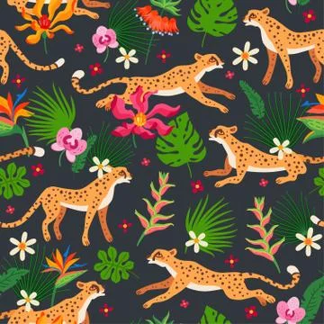 Cheetah and leopards pattern. Exotic summer paradise Stock Illustration