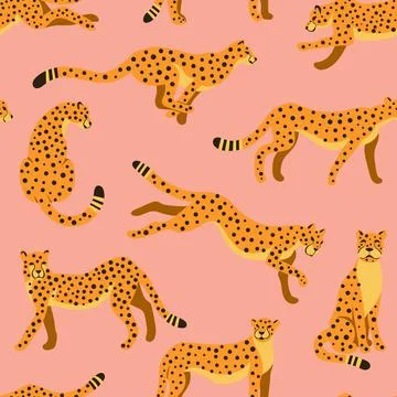 Cheetah Cartoon Seamless Pattern on Pink Background. Vector Illustration Stock Illustration