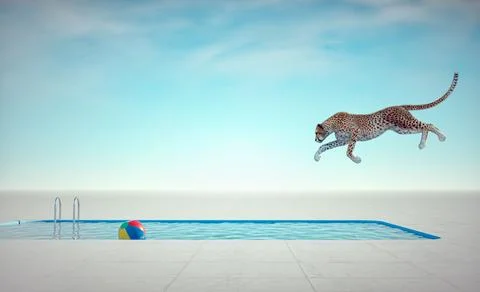 Cheetah jumping into o pool. Stock Illustration