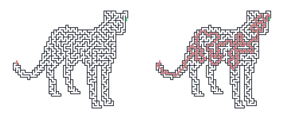 Cheetah shape maze puzzle. Logic game with solution path for kids. Educationa Stock Illustration
