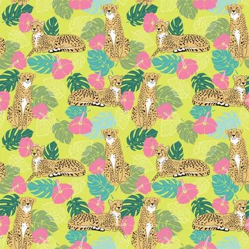 Cheetah tropical seamless pattern on a black background Stock Illustration