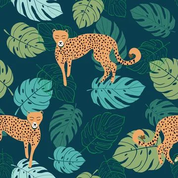 Cheetah tropical seamless pattern on dark green background Stock Illustration
