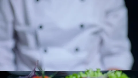 Chef is adding salt to the dish in slow motion. Chef is out of focus on the Stock Footage 92519908