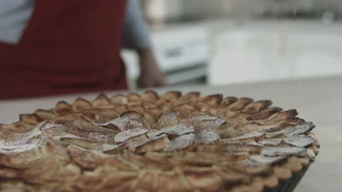 Chef Adding Sugar Powder on Apple Pie Top Closeup Stock Footage 161180145