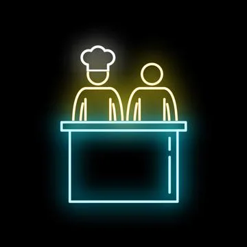 Chef and customer neon icon serving food counter Stock Illustration
