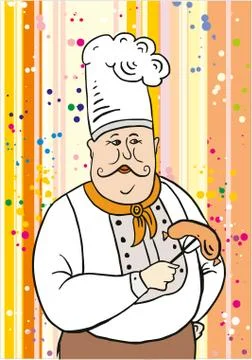 Chef and sausage on the fork. Stock Illustration