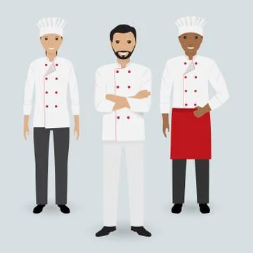Chef and two cook in uniform standing together in three different poses. Cook Stock Illustration
