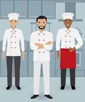 Chef and two cook in uniform standing together in three different poses on a  Stock Illustration