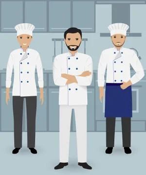 Chef and two cook in uniform standing together on a kitchen background. Cooki Stock Illustration