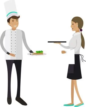 Chef and waiter serving dinner vector icon isolated on white Illustrazione stock