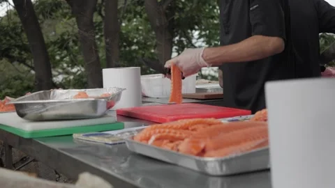 The chef are cutting the salmon Stock Footage 262985610