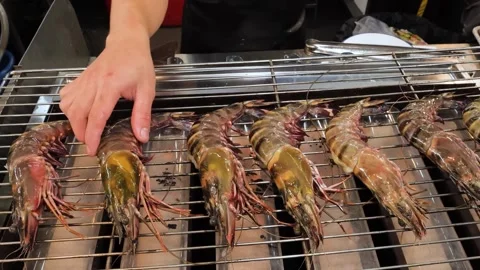 Chef Arranging Giant Tiger Prawns on a Commercial Charcoal Grill Stock-Footage 344219941