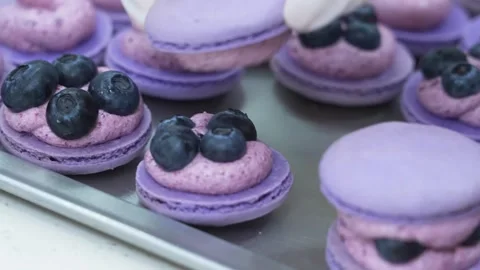 Chef Assembling Fresh Blueberry Macarons in Pastry Shop, Close-up 스톡 동영상 343020175