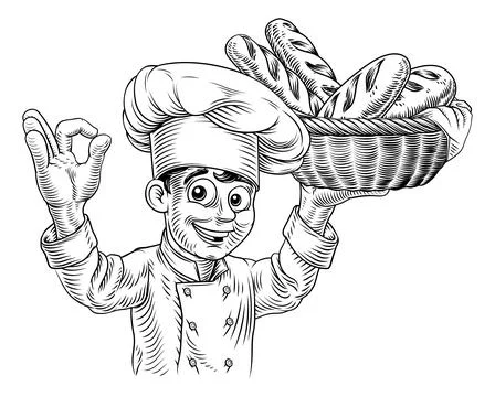 Chef Baker Bread Loaves Basket Bakery Illustration Stock Illustration