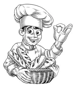 Chef Baker Bread Loaves Basket Bakery Illustration Illustrazione stock