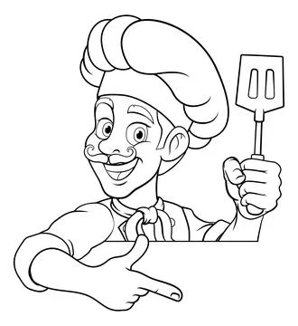 Chef Baker Cook Cartoon Man Spatula Pointing Sign Stock Illustration