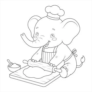 Chef baker rolling pin dough elephant flattening pastry wearing toque and apr Stock Illustration