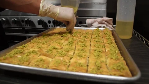 Chef baking fresh baklava Video stock 95619276