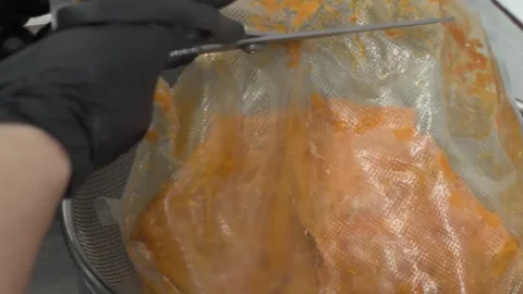Chef in Black Gloves Cutting Open Vacuum Sealed Bag of Marinated Food Stock Footage 331633670