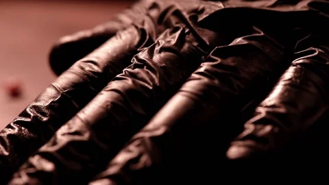 Chef in black gloves makes a steak cutlet from raw minced meat. Marbled meat Stock Footage 152930060