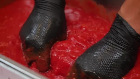 Chef in Black Gloves Mixing Bright Red Tomato Sauce or Food Coloring in Professi Stock Footage 331636341