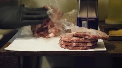 Chef in Black Gloves Preparing Raw Burger Patties Stock-Footage 347689549